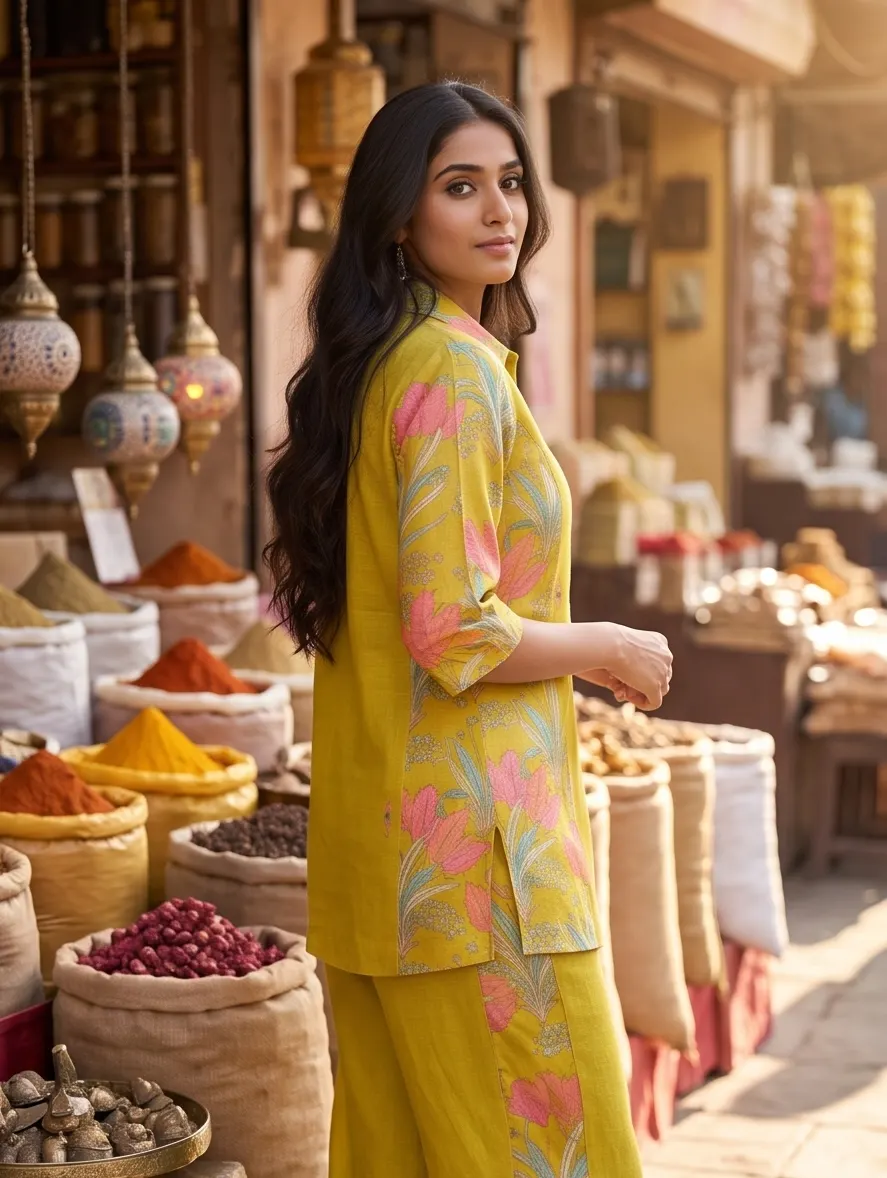Lime Green Floral Printed Shirt Collar Kurta and Trouser Co-ord Set