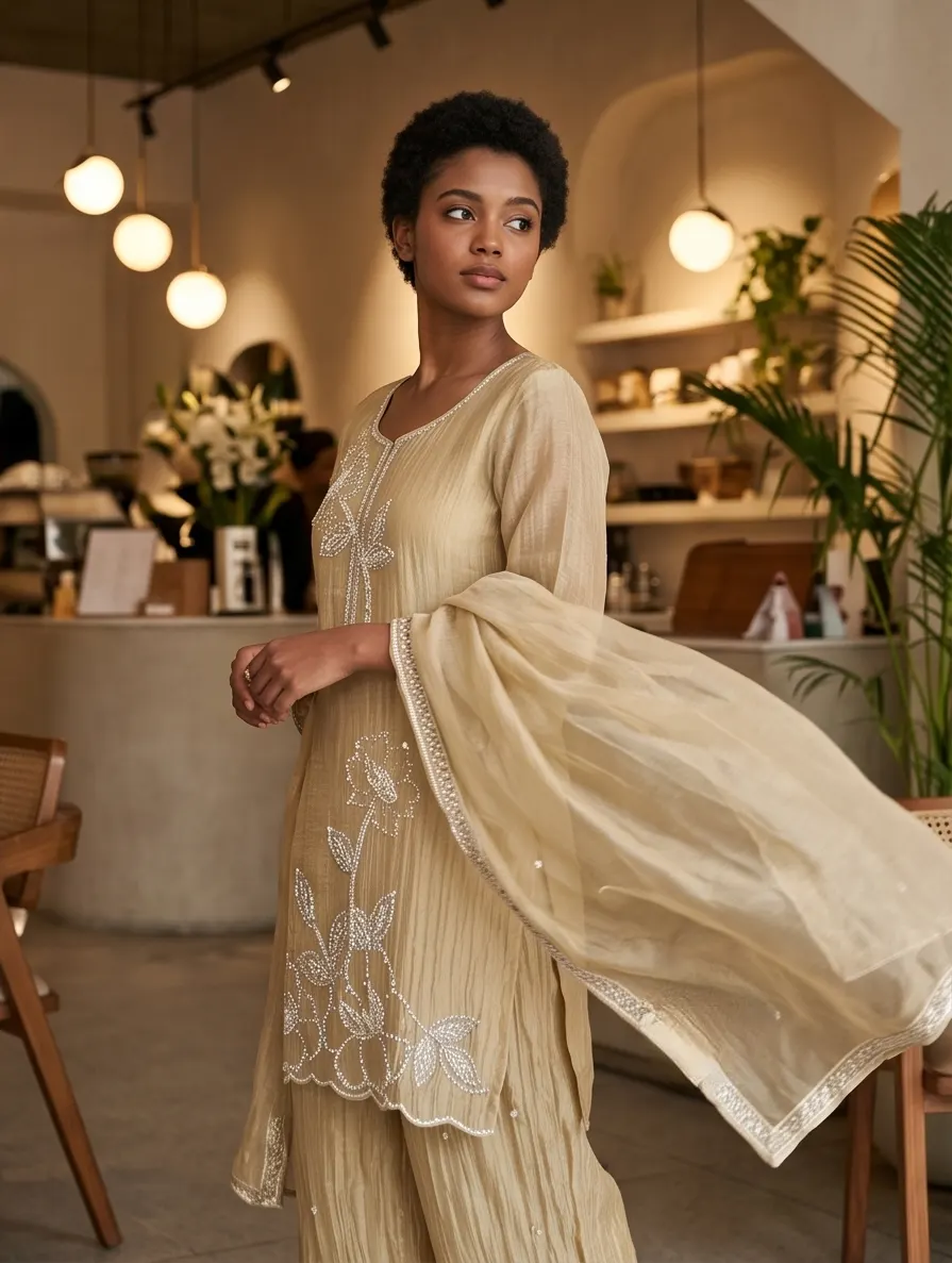 Beige Embroidered Tissue Organza Straight Kurta Palazzo Set with Dupatta