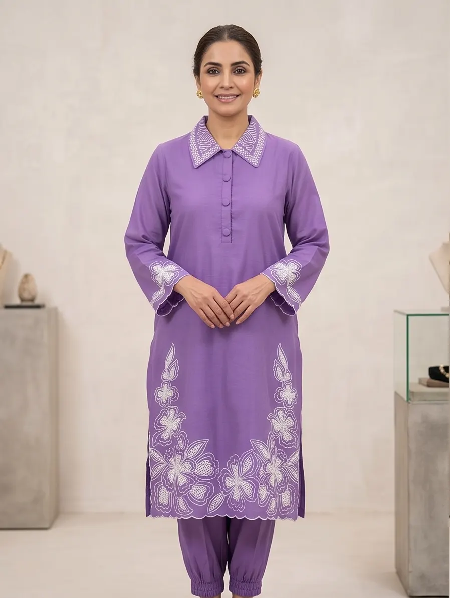Violet Hand-Embroidered Cutwork Kurta Set