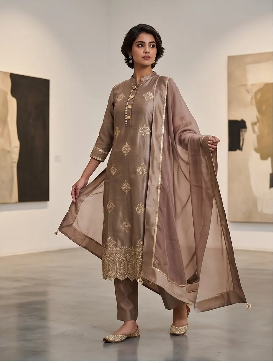 Taupe Grey Zari Woven Chanderi Silk Straight Kurta Pant Set with Dupatta