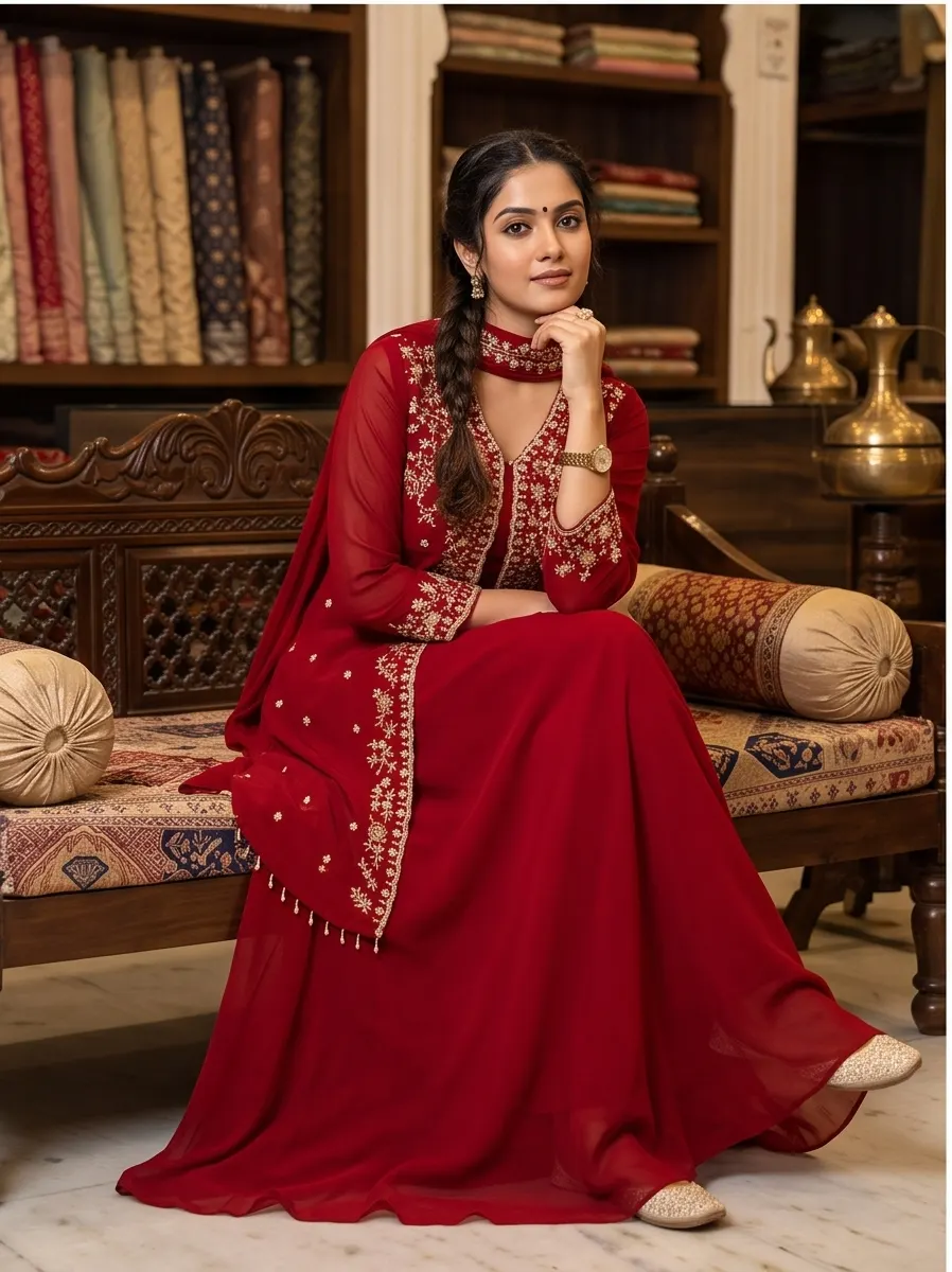 Maroon Embroidered Georgette Jacket Style Anarkali Kurta Set with Dupatta