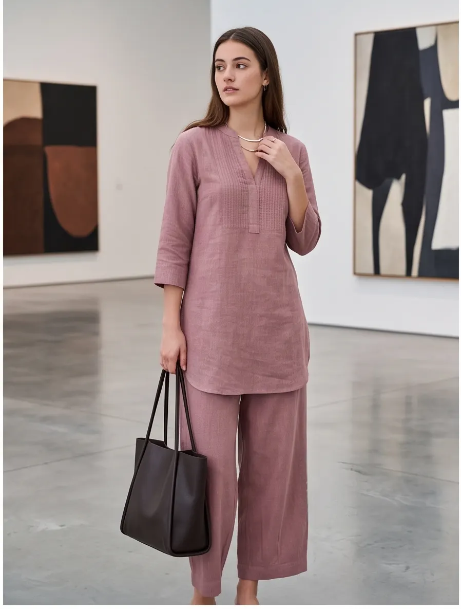 Dusty Rose Linen Pintuck Co-ord Set