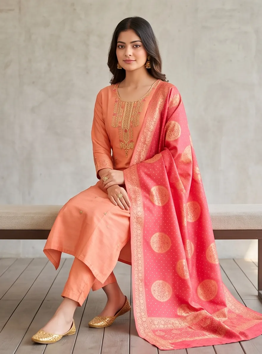 Peach Embroidered Silk Kurta Pant Set with Banarasi Dupatta