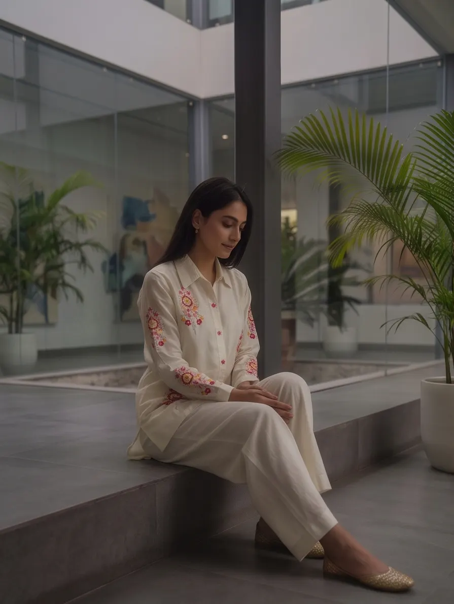 Off-White Cotton-Silk Tunic and Straight Trouser Co-Ord Set with Embroidered Floral Sleeves
