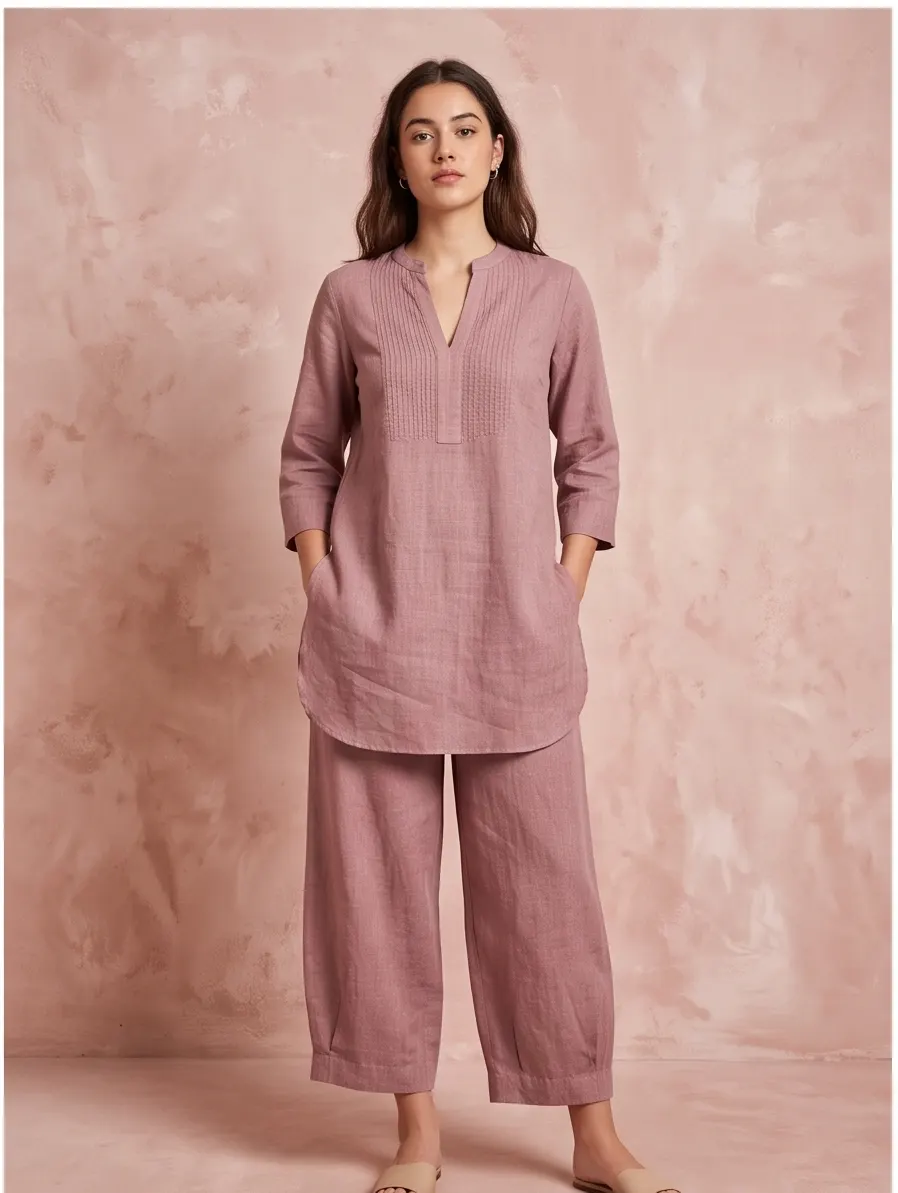 Dusty Rose Linen Pintuck Co-ord Set
