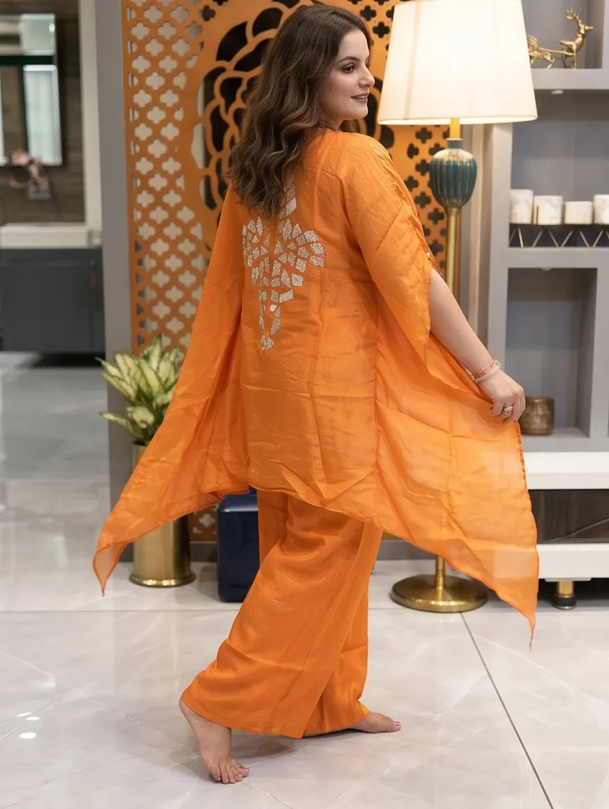 Ecru Silk Hand Embroidered Asymmetric Cape Set