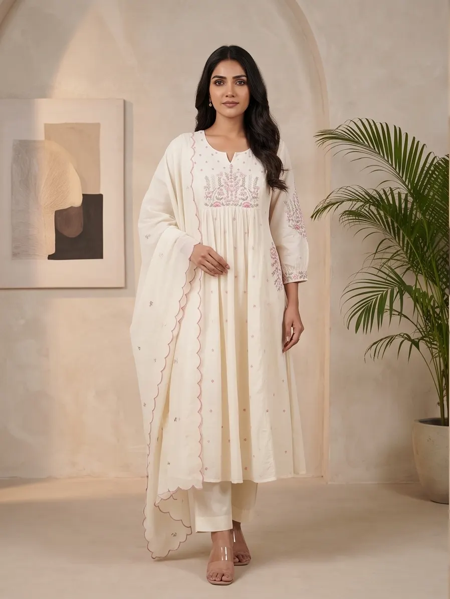Off-White Chanderi Silk Flared Anarkali Kurta Set with Embroidered Yoke & Scalloped Dupatta (Set of 3)
