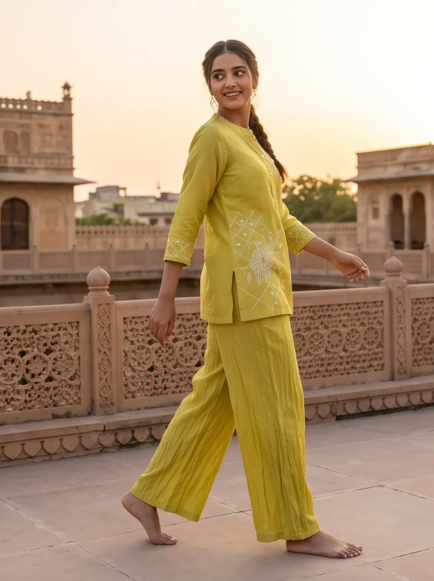Lime Green Raw Silk Embroidered Short Kurta and Flared Palazzo 2-Piece Co-Ord Set