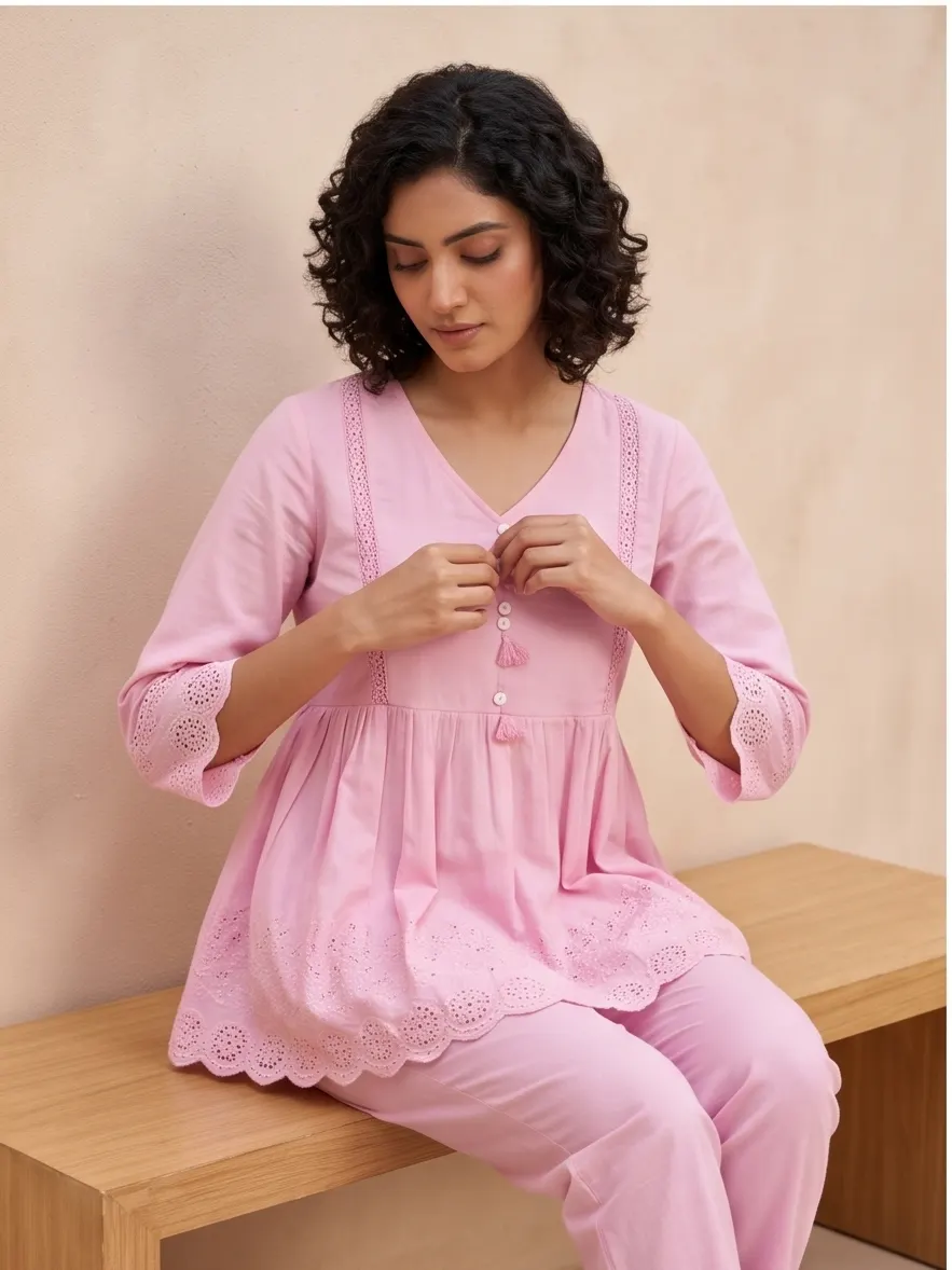 Baby Pink Pure Cotton Peplum Kurti with Schiffli / Hakoba Border & Straight Pants (2-Piece Set)