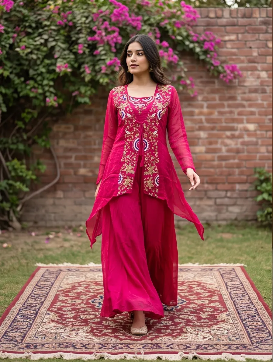 Rani Pink Hand-Embroidered Jacket & Sharara Set