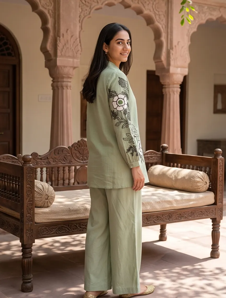 Sage Green Cotton-Linen Shirt Collar Tunic and Pant Co-Ord Set with Embroidered Sleeves