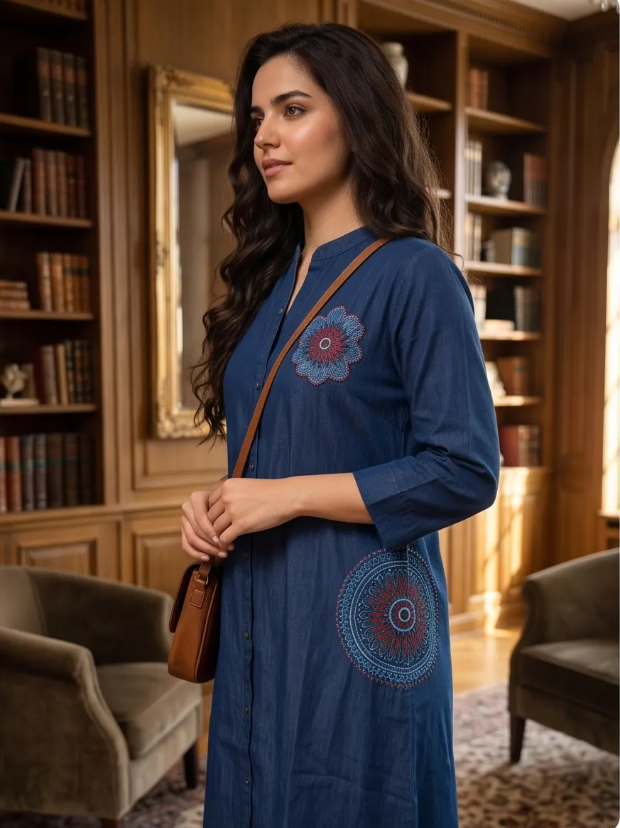 Indigo Blue Embroidered Shirt Dress