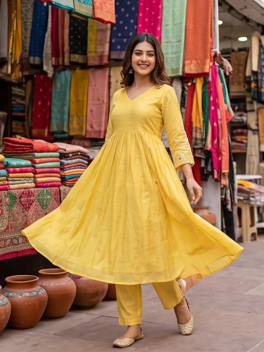 Yellow Gathered Anarkali Kurta and Pant Set with Embroidered Sleeves