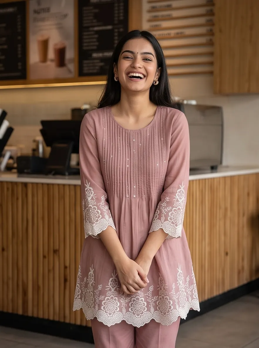 Onion Pink Cutwork Embroidered Tunic & Pant Co-ord Set