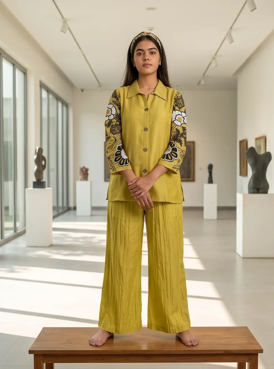 Lime Green Raw Silk Embroidered Short Kurta and Flared Palazzo 2-Piece Co-Ord Set