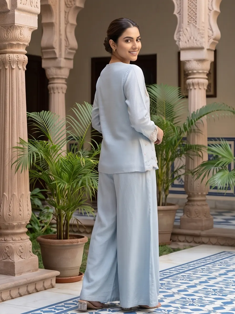 Powder Blue Embroidered Short Jacket and Flared Palazzo 3-Piece Co-Ord Set