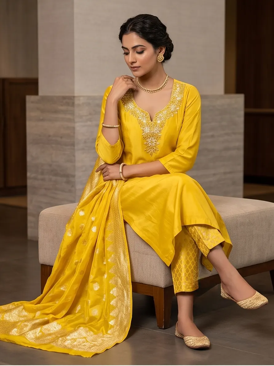 Haldi Yellow Hand-Embroidered Chanderi Kurta Set with Banarasi Brocade Dupatta