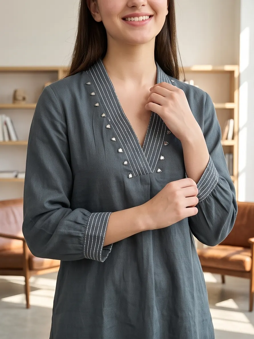 Slate Grey Embroidered V-Neck Linen Kurti