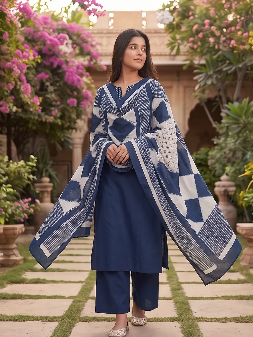 Indigo Blue Solid Straight Kurta with Palazzo and Geometric Block-Printed Dupatta Set