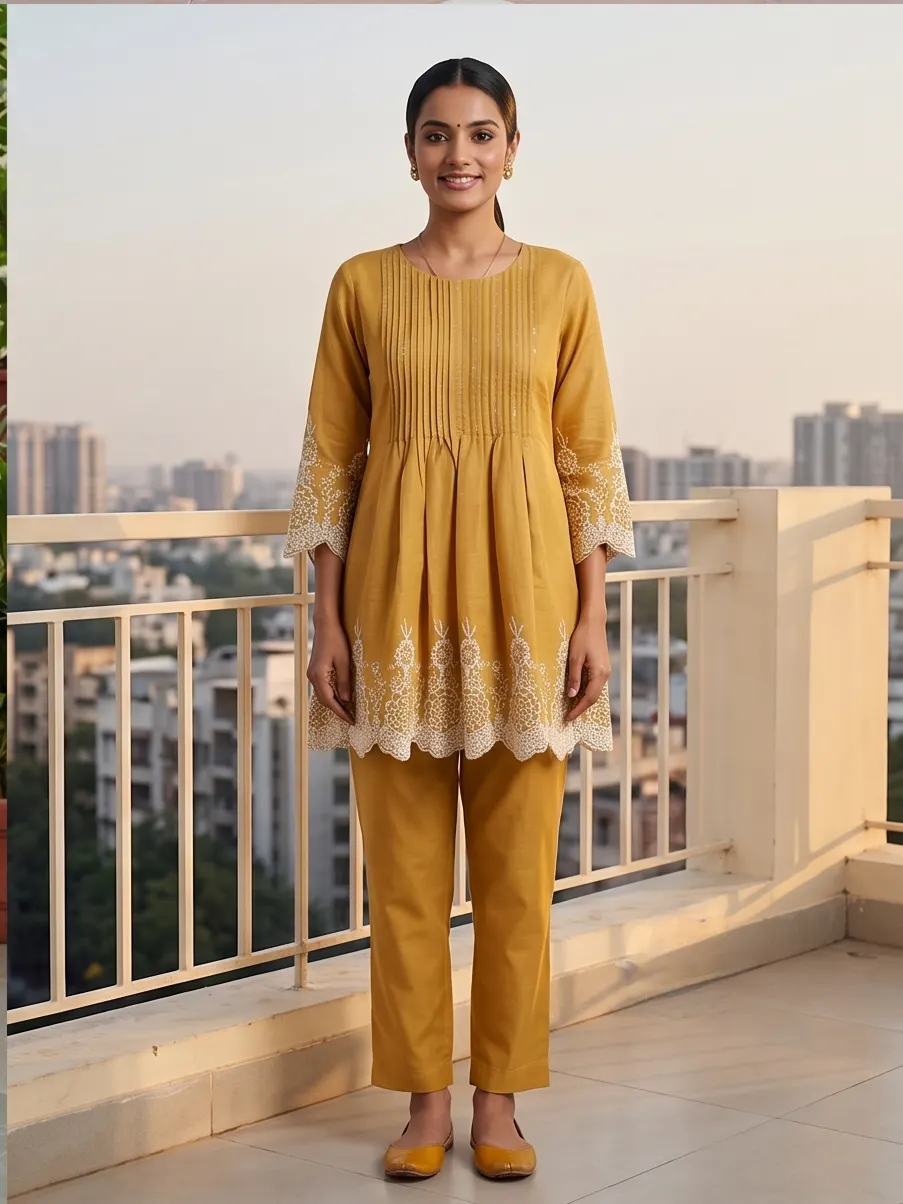 Mustard Yellow Pintuck Pleated A-Line Kurta and Pant Set with Embroidered Scallop Border