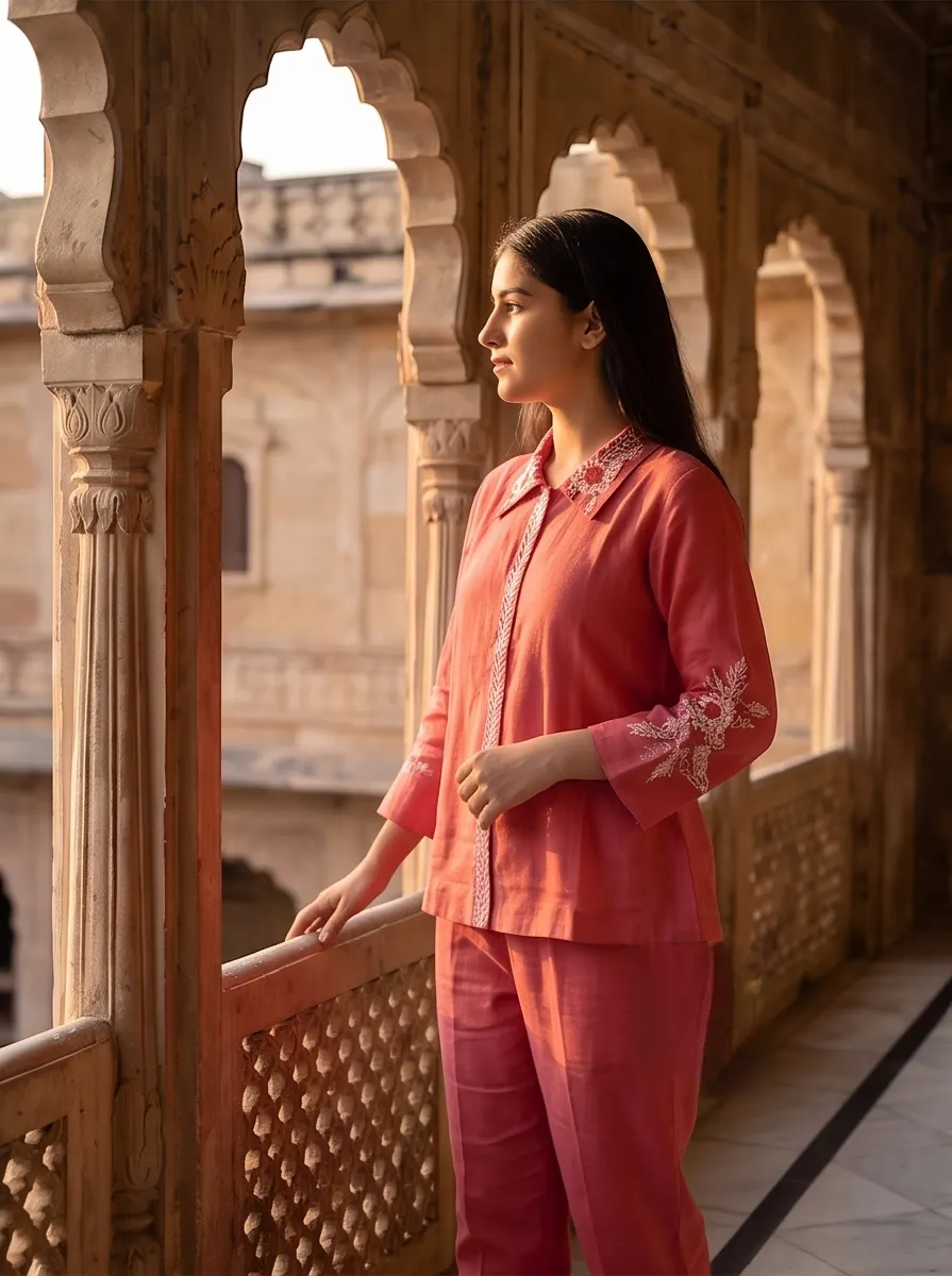 Coral Pink: Dusty Rose Pink Embroidered Collared Short Kurti with Straight Trousers Co-ord Set