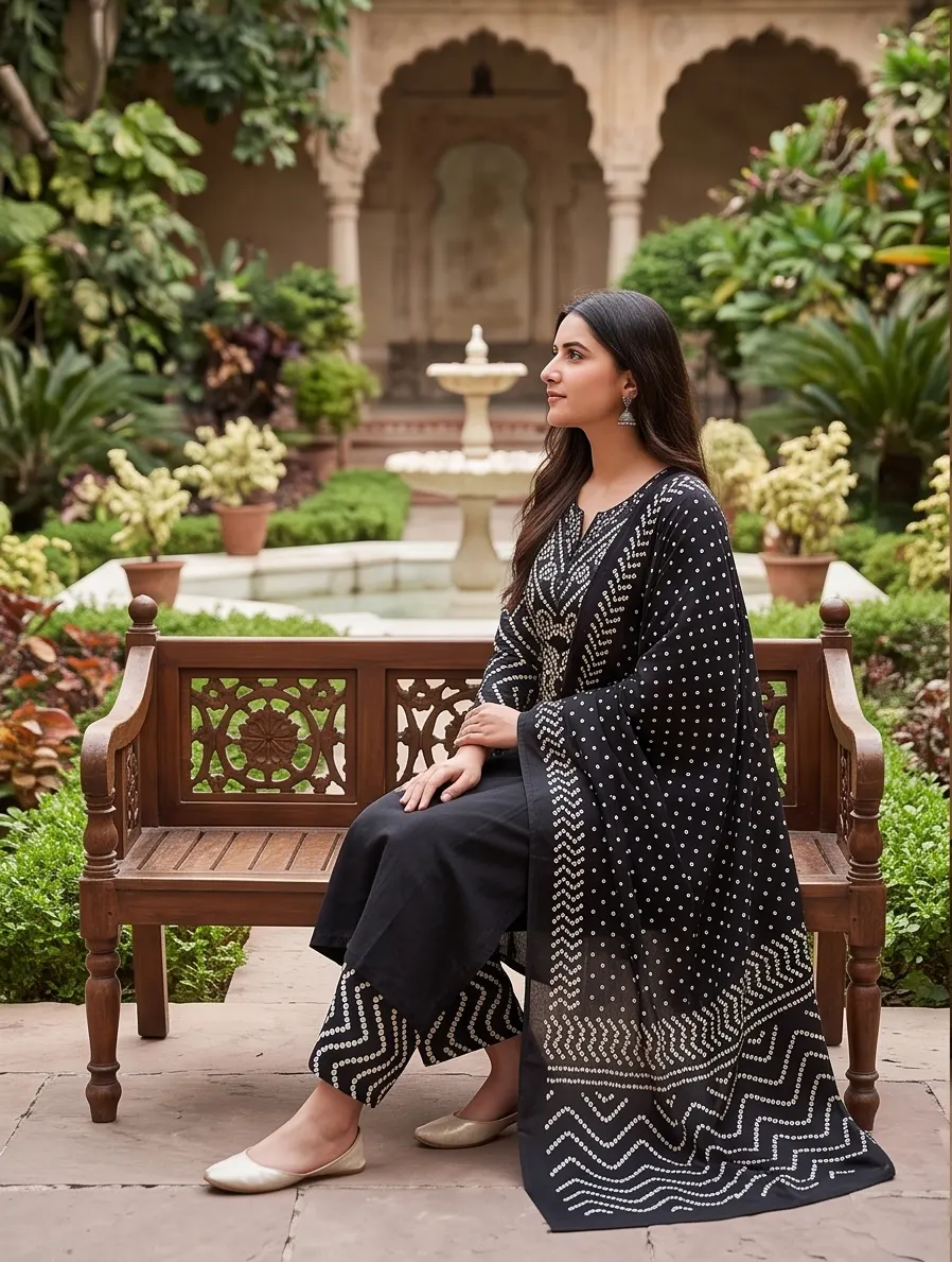 Black Bandhani Print Kurta Pant Set with Dupatta
