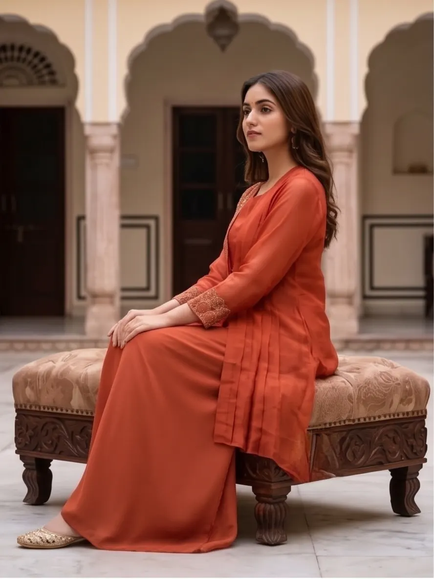 Rust Orange Embroidered Georgette Shrug Style Kurta and Flared Palazzo Set