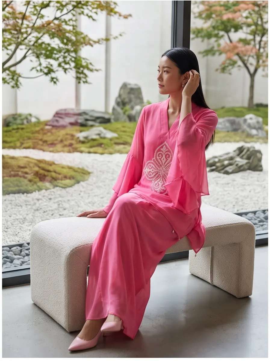 Candy Pink Georgette Kaftan Set with Arabesque Pearl & Cutdana Yoke Motif (2-Piece Set)
