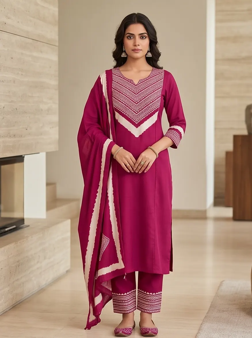 Deep Pink Hand-Embroidered & Shibori Silk Kurta Set