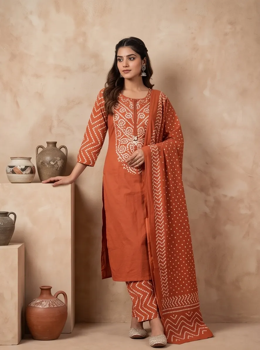 Rust Orange Bandhani Print Kurta Pant Set with Dupatta