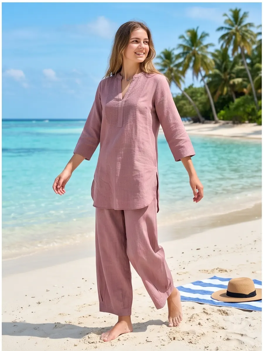 Dusty Rose Linen Pintuck Co-ord Set