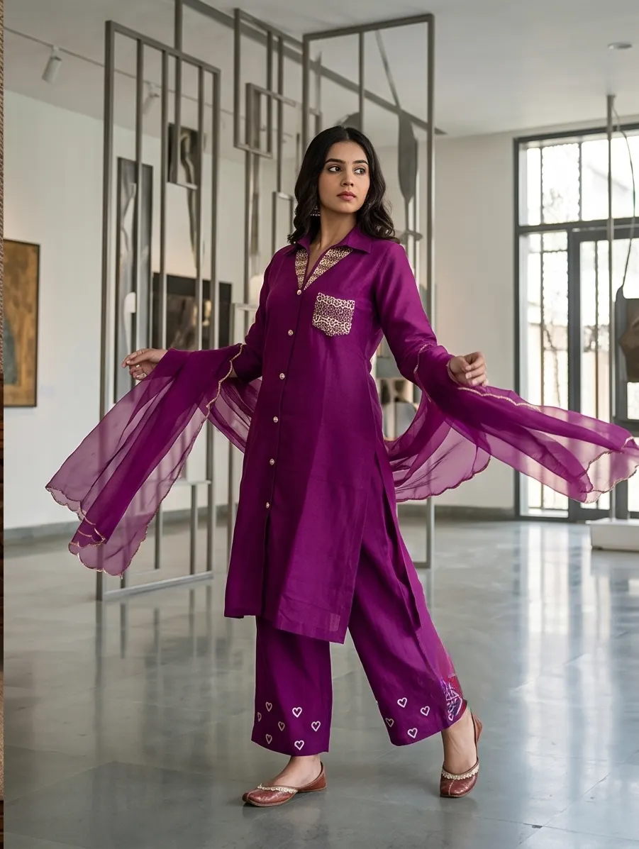 Magenta Purple Embroidered Silk Collar Neck Kurta Pant Set with Scalloped Dupatta