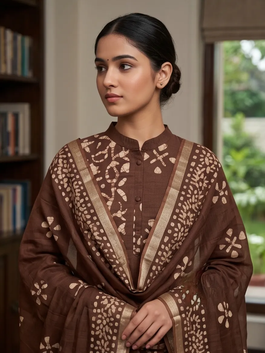 Dark Brown Batik Print Pure Cotton Straight Kurta Pant Set with Dupatta
