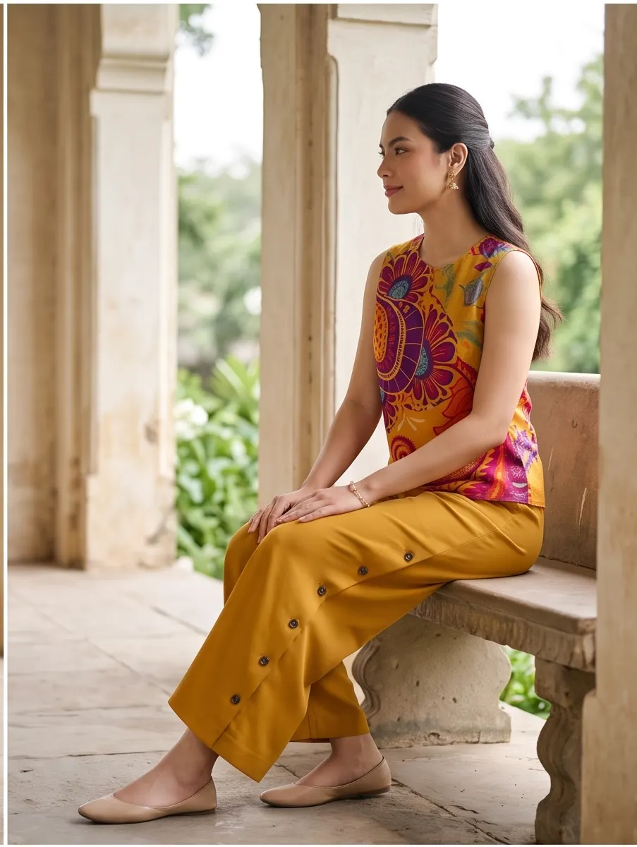 Mustard Yellow Paisley Print Sleeveless Top and Side-Button Palazzo Co-ord Set