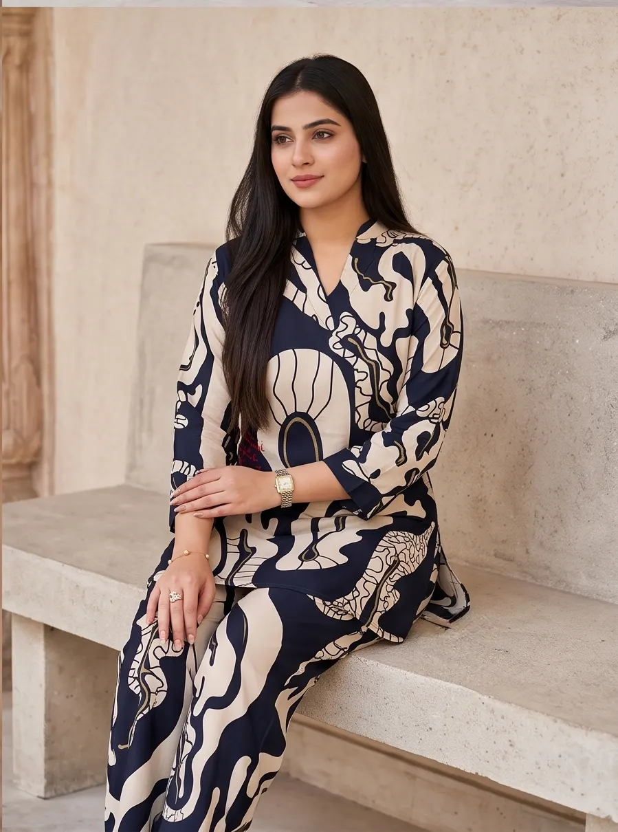 Navy Blue Abstract Printed Silk Blend V-Neck Tunic and Pant Co-ord Set