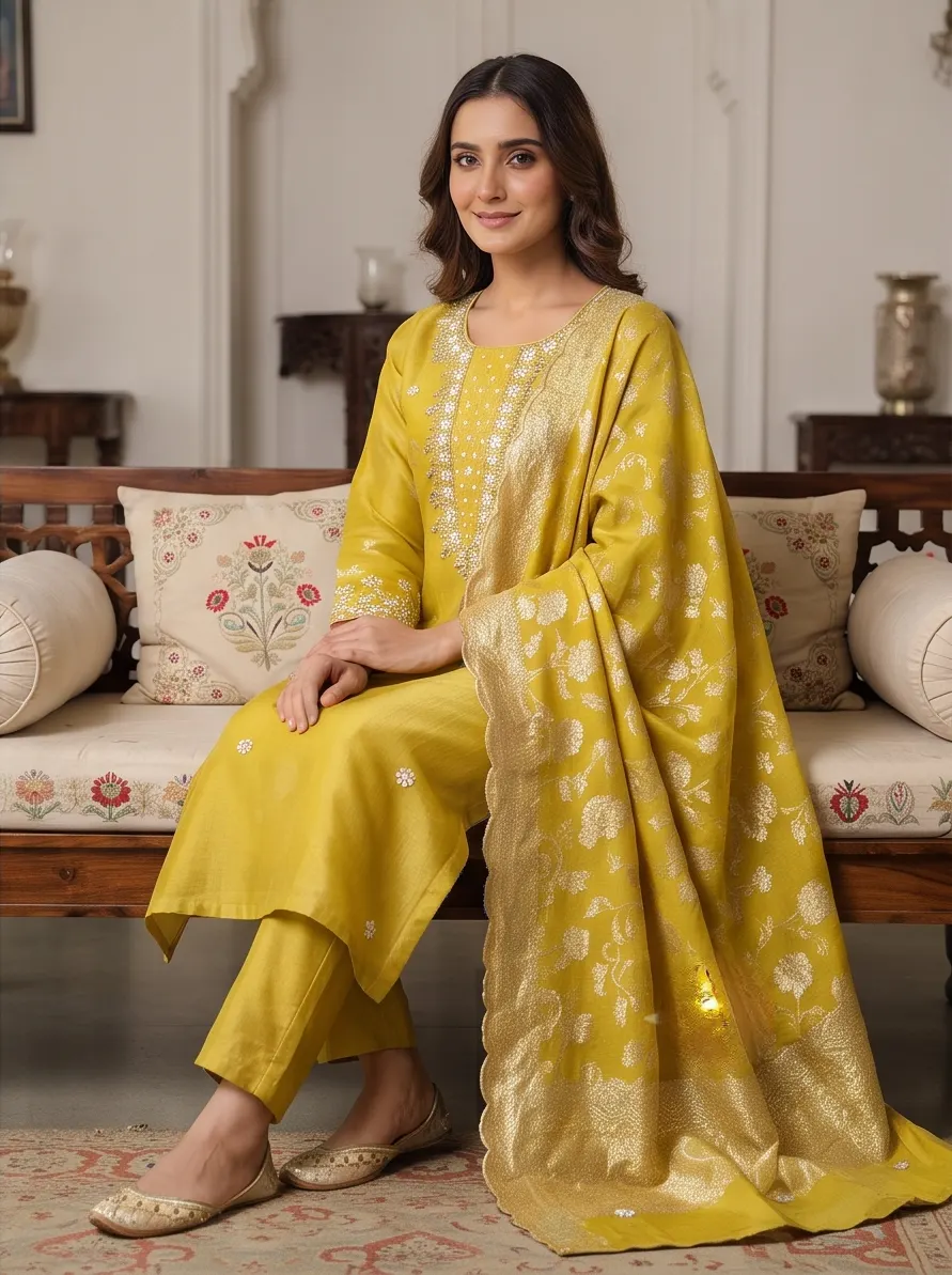 Golden Yellow Zari and Sequin Embroidered Chanderi Silk Straight Kurta Pant Set with Heavy Zari Woven Dupatta