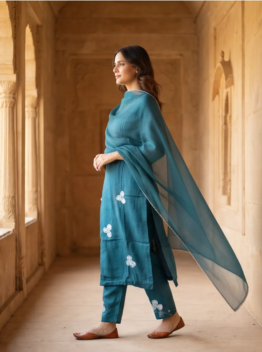 Teal Blue Floral Appliqué Zari Embroidered Chanderi Silk Straight Kurta Pant Set with Organza Dupatta