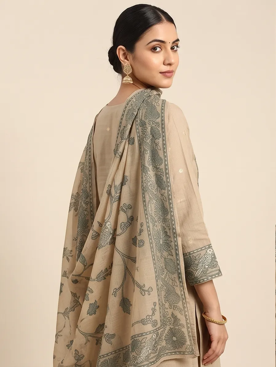 Beige Peacock and Floral Embroidered Chanderi Silk Straight Kurta Pant Set with Dupatta