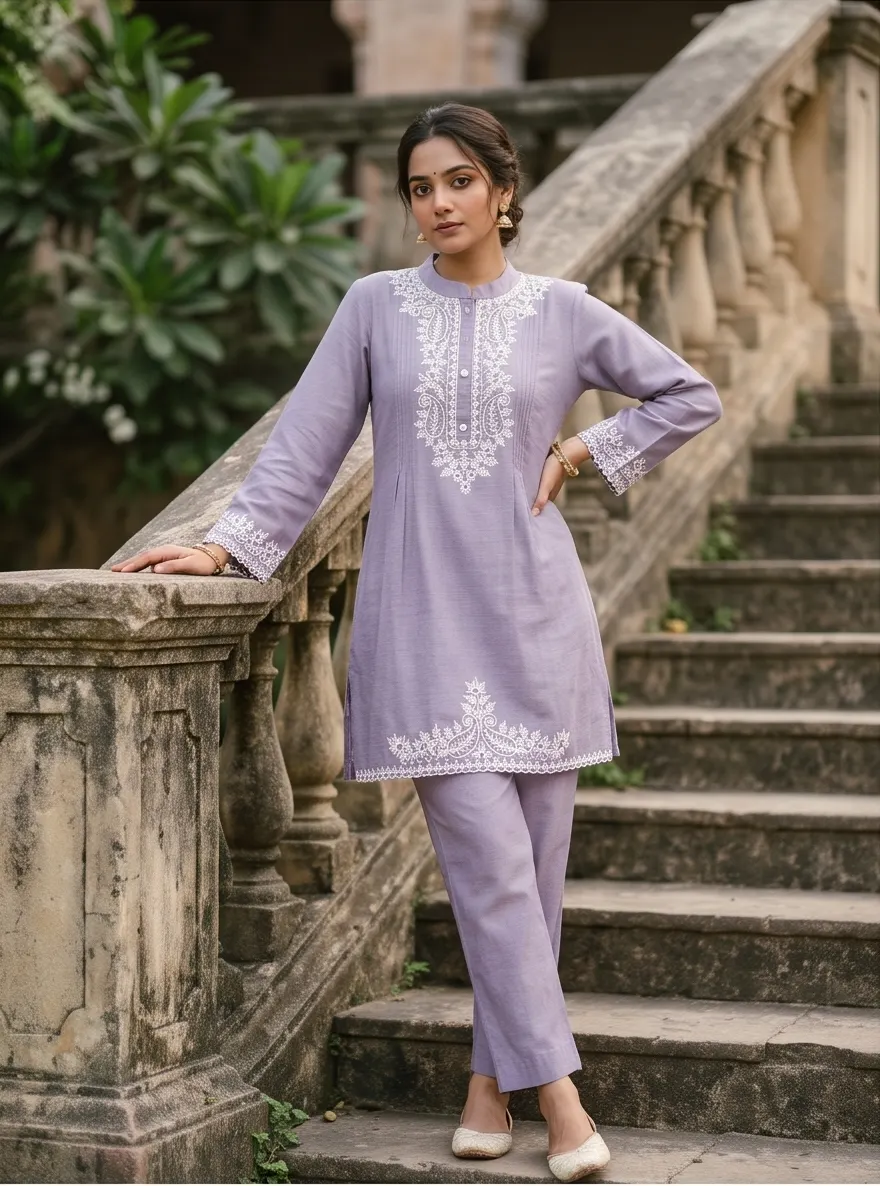 Lavender Paisley Thread Embroidered Cotton Short Kurta and Pant Co-ord Set