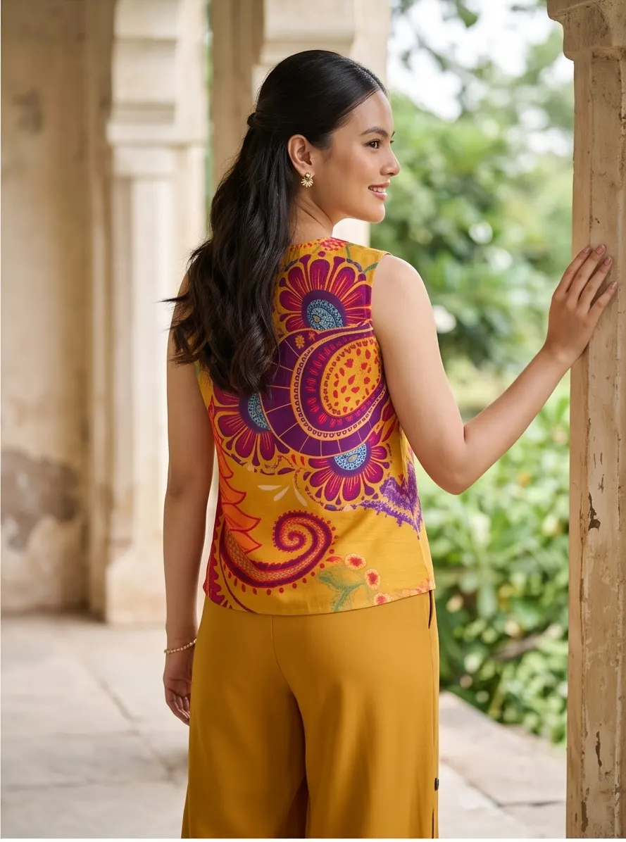 Mustard Yellow Paisley Print Sleeveless Top and Side-Button Palazzo Co-ord Set