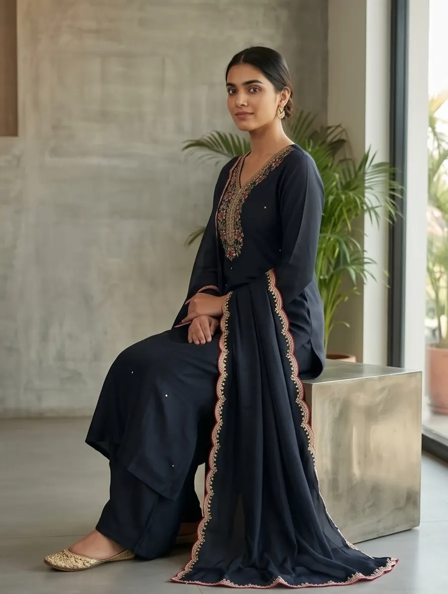 Midnight Blue Floral Neck Embroidered Silk Straight Kurta Palazzo Set with Scalloped Dupatta