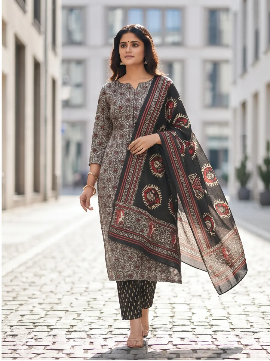 Grey and Black Block Print Cotton Straight Kurta Pant Set with Printed Dupatta