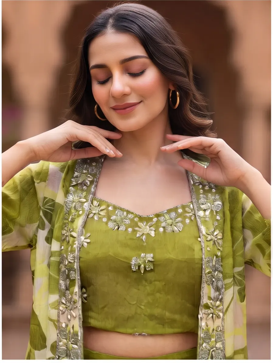 Olive Green Zari Embroidered Crop Top and Tiered Sharara Set with Sheer Jacket