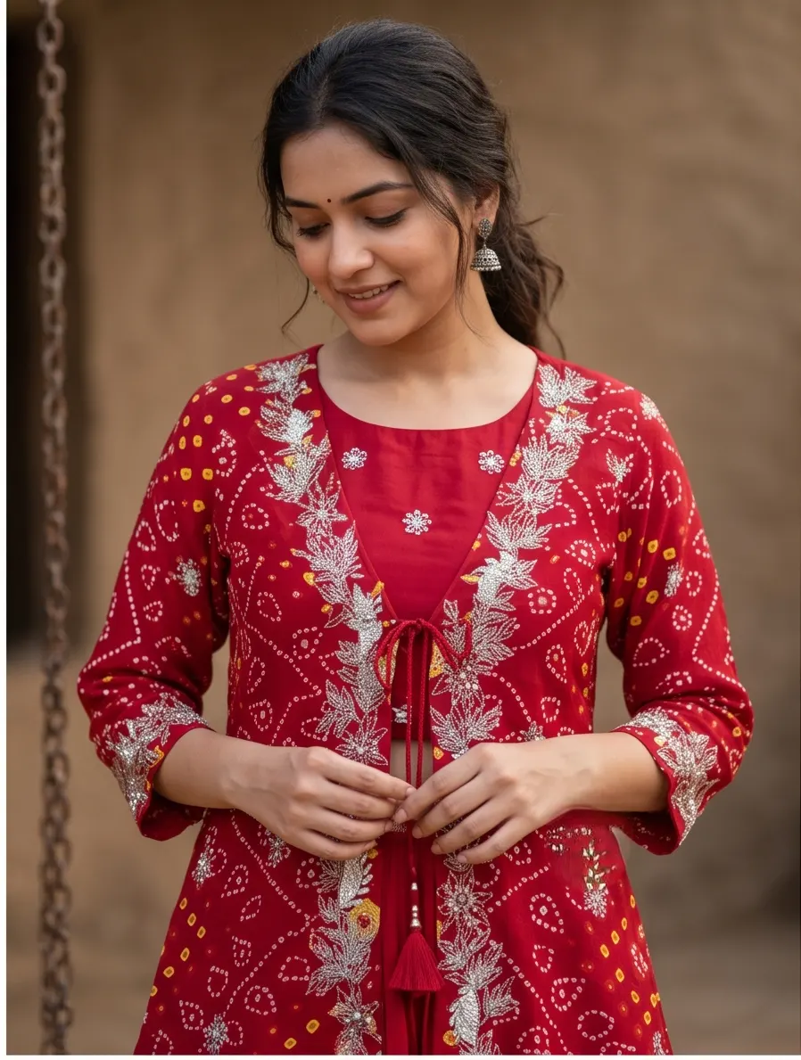 Red Bandhani Print Zari Embroidered Tie-Up Jacket Crop Top and Flared Sharara 3-Piece Set