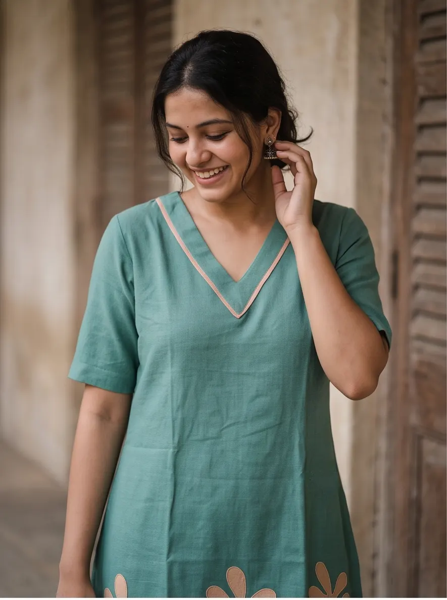 Sea Green Floral Leaf Appliqué Cotton V-Neck Straight Kurta and Pant Set