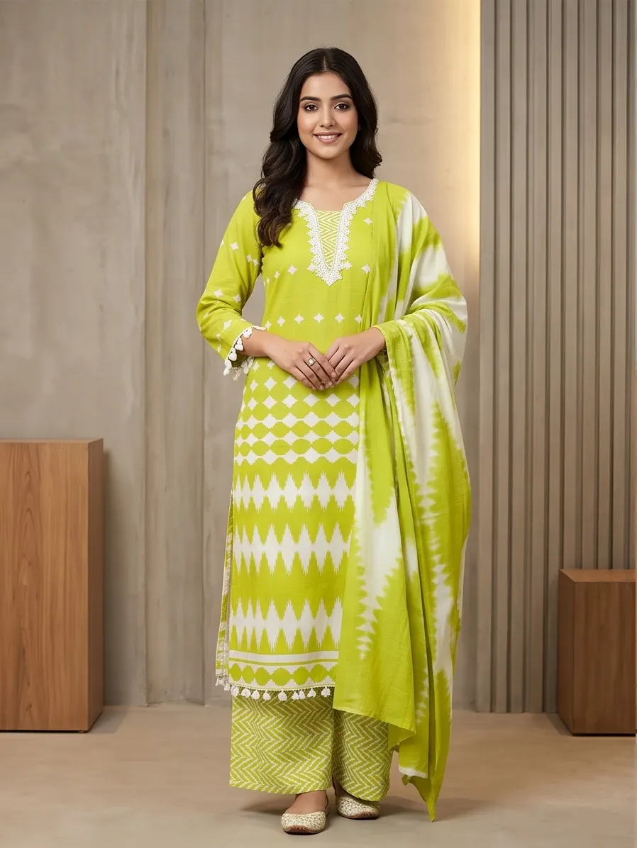 Lime Green Geometric Print Pure Cotton Straight Kurta Palazzo Set with Dupatta