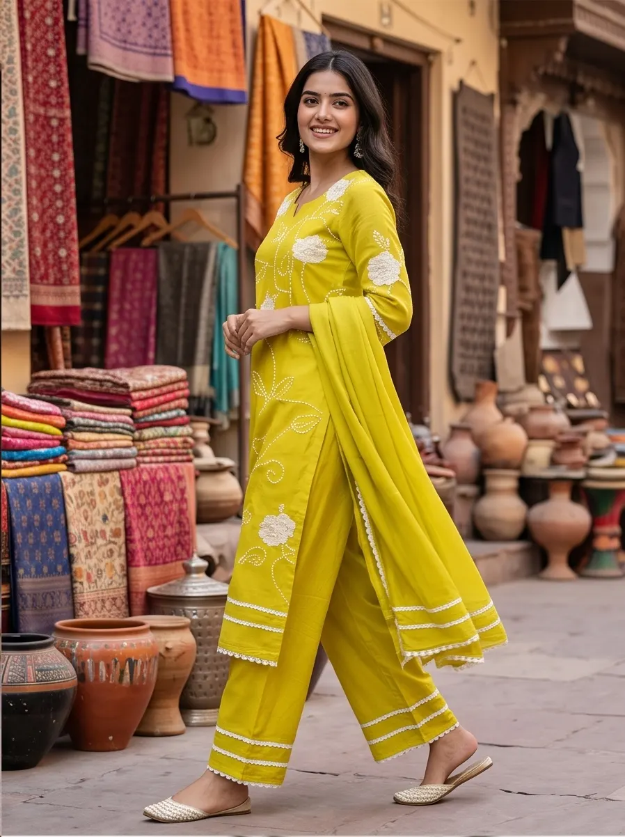 Yellow Floral Embroidered Pure Cotton Straight Kurta Pant Set with Lace Border Dupatta