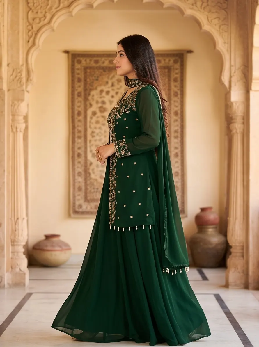 Bottle Green Zari Embroidered Georgette Jacket Style Kurta Set with Dupatta