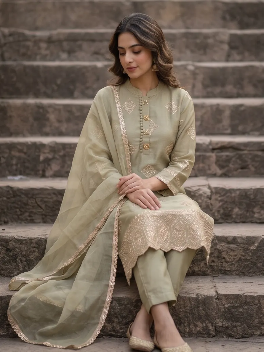 Sage Green Zari Embroidered Chanderi Silk Straight Kurta Pant Set with Dupatta