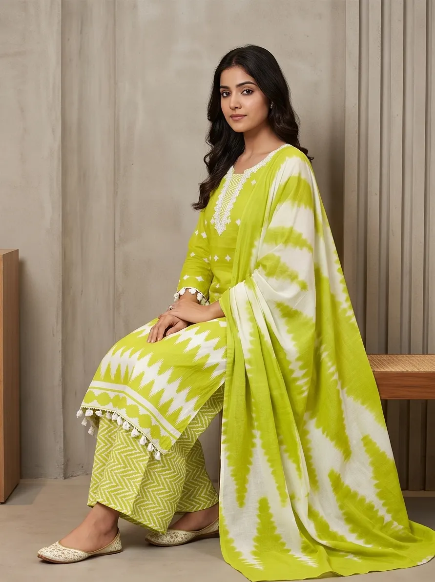 Lime Green Geometric Print Pure Cotton Straight Kurta Palazzo Set with Dupatta